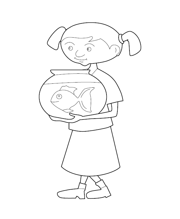 Girl Holding Fish Bowl Colouring Page